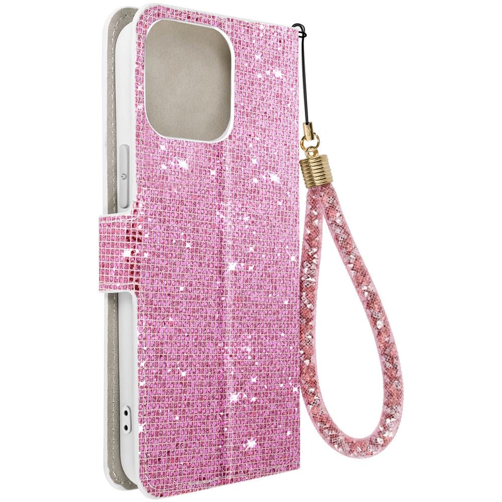 Custodia Per Iphone 14 Pro Paillette Disco Portafoglio Supporto Video Rosa - Foto 1