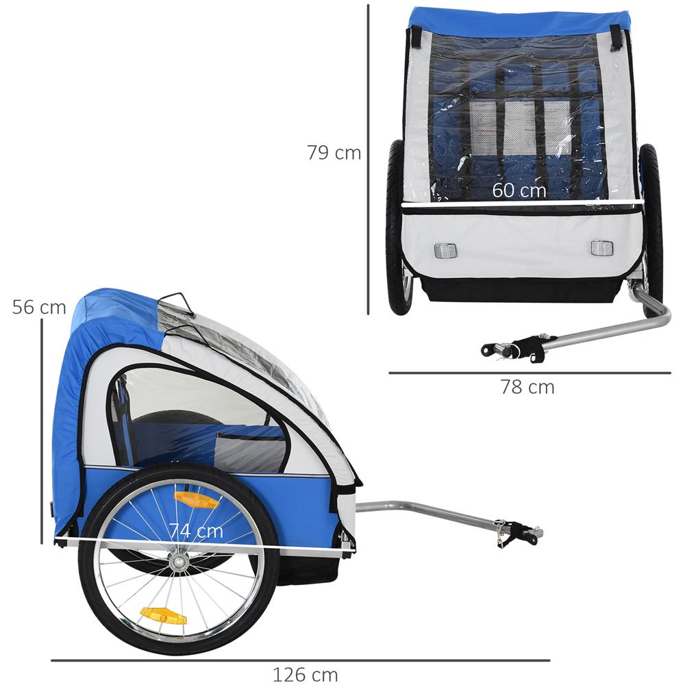 Rimorchio Bici Bambini 2 Posti Con Cinture Di Sicurezza In Acciaio E Tessuto Oxford Blu - Foto 2