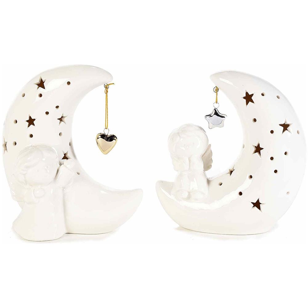 Set Da 2 Statuine Natalizie Angeli In Ceramica Su Luna Luminosa Decorazione Di Natale Per La Casa Idea Regalo - Foto 2
