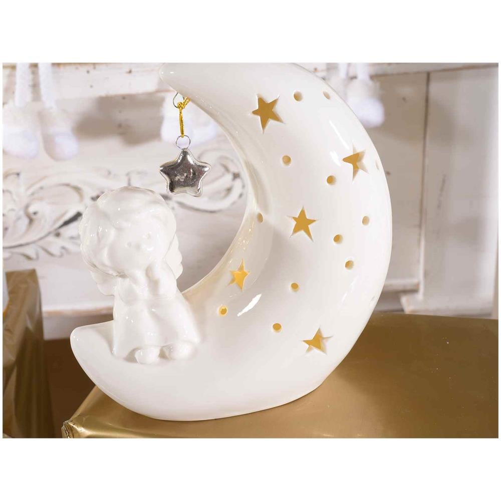 Set Da 2 Statuine Natalizie Angeli In Ceramica Su Luna Luminosa Decorazione Di Natale Per La Casa Idea Regalo - Foto 3