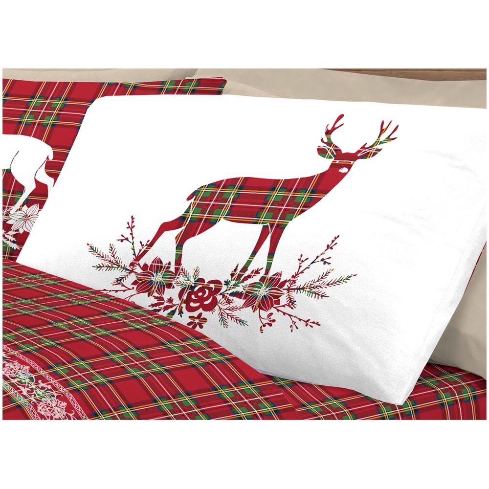 Completo Lenzuola Linea Pensieri Delicati 100% Cotone Disegno Cervo Tartan Matrimoniale Rosso - Foto 2