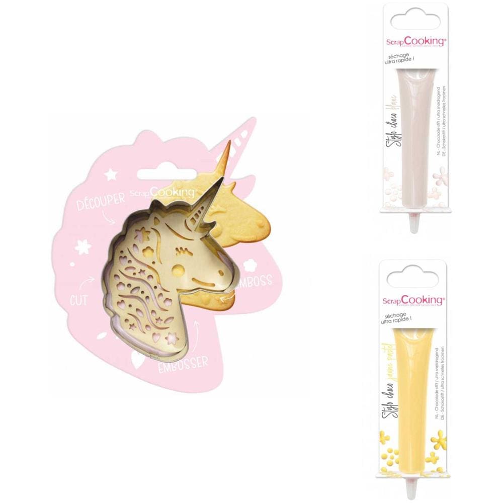 Kit Biscotti Unicorno In Rilievo + 2 Penne Al Cioccolato Bianco E Giallo Pastello - Foto 1