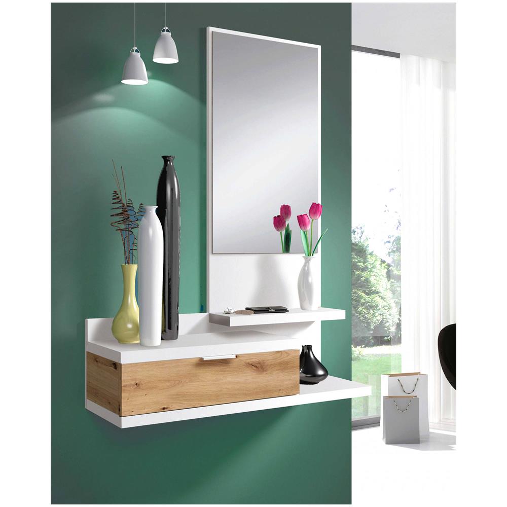 Mobile Da Ingresso Tijuana, Entratina Con Specchio E Cassetto, Svuotatasche Per Atrio Di Piccoli Appartamenti, 81x29h116 Cm, Bianco E Rovere Nodi - Foto 1
