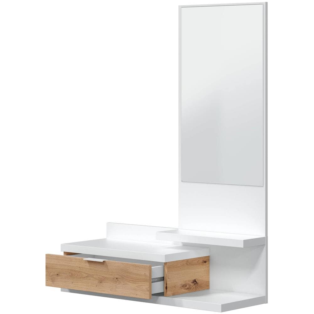 Mobile Da Ingresso Tijuana, Entratina Con Specchio E Cassetto, Svuotatasche Per Atrio Di Piccoli Appartamenti, 81x29h116 Cm, Bianco E Rovere Nodi - Foto 2