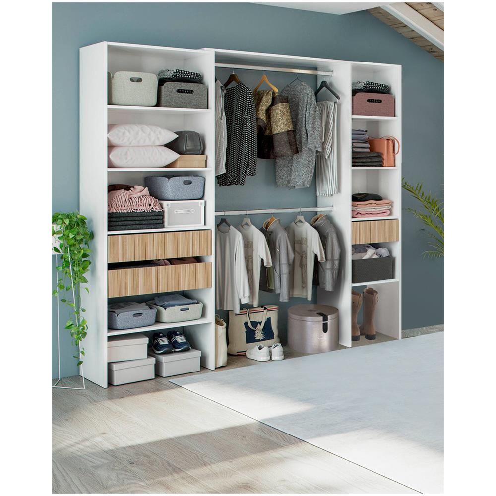 Guardaroba Worland, Mobile Camera Da Letto, Armadio Appendiabiti Con Ripiani E 3 Cassetti, 196x40h187 Cm, Bianco E Rovere - Foto 1