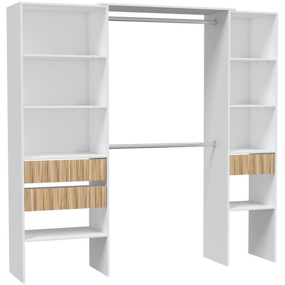 Guardaroba Worland, Mobile Camera Da Letto, Armadio Appendiabiti Con Ripiani E 3 Cassetti, 196x40h187 Cm, Bianco E Rovere - Foto 2