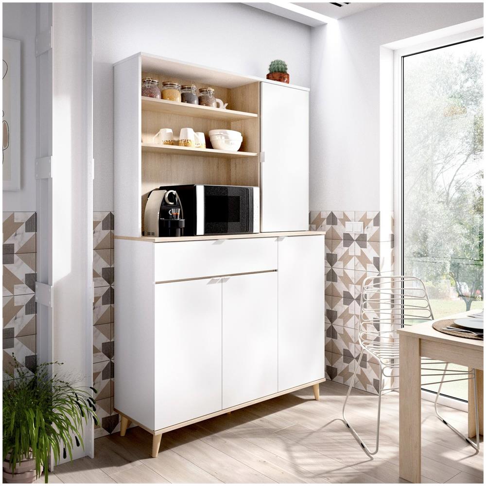 Credenza Sparavero, Buffet Dispensa Da Soggiorno, Madia Da Salotto Moderna A 4 Ante, 120x40h191 Cm, Bianco E Rovere - Foto 1