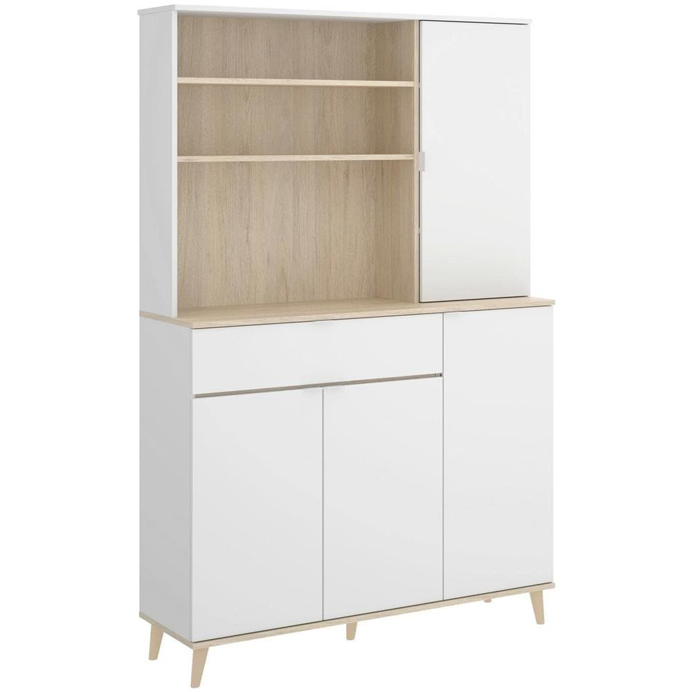Credenza Sparavero, Buffet Dispensa Da Soggiorno, Madia Da Salotto Moderna A 4 Ante, 120x40h191 Cm, Bianco E Rovere - Foto 2