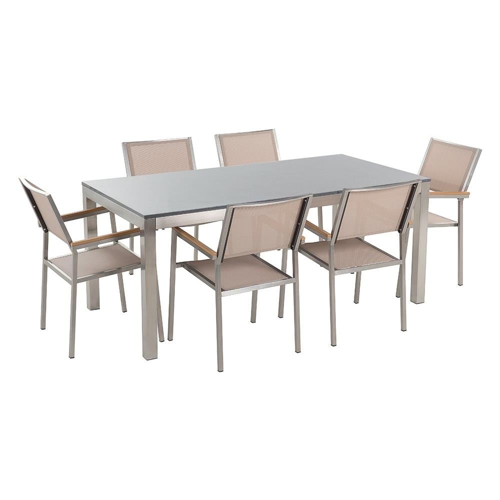 Set Di Tavolo E 6 Sedie Da Giardino In Acciaio, Granito E Fibra Tessile Beige - Piano Singolo- Grigio Lucido - 180cm - Grosseto - Foto 1