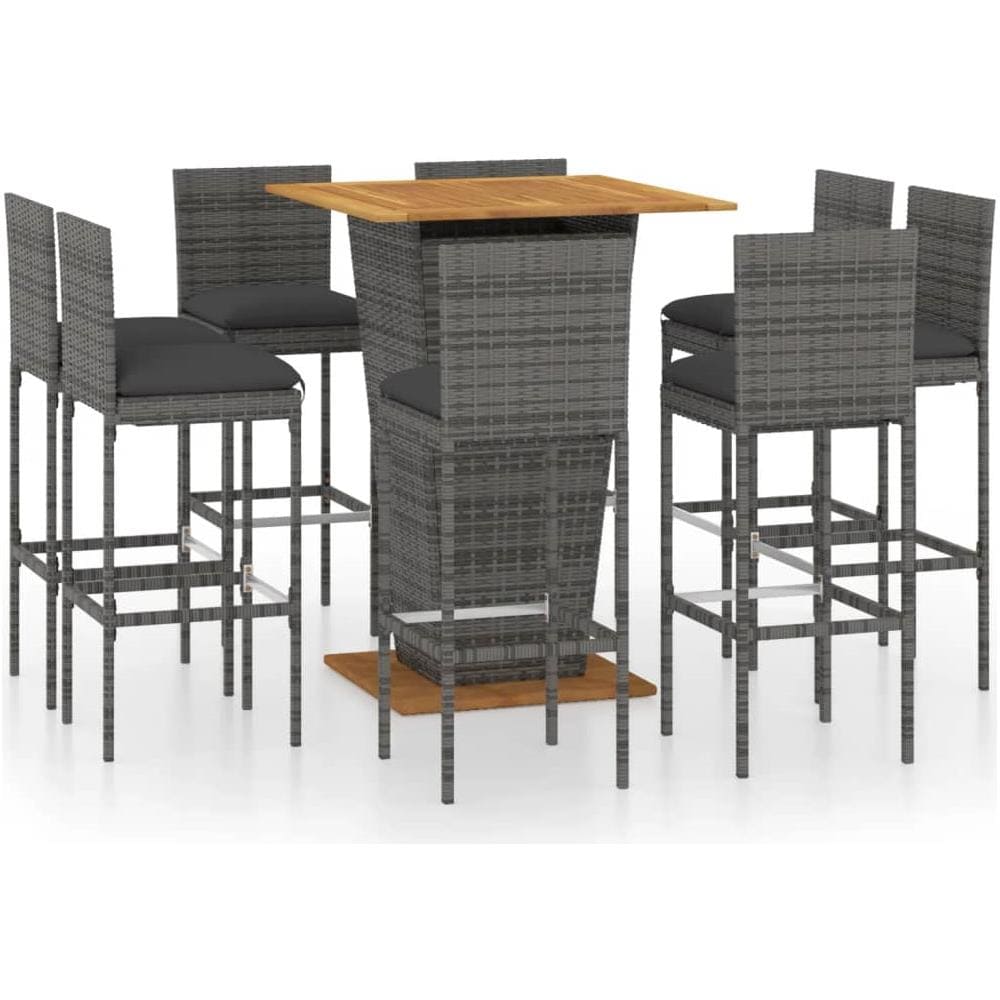 Set da Bar per Giardino 9 pz con Cuscini in Polyrattan Grigio - Foto 1