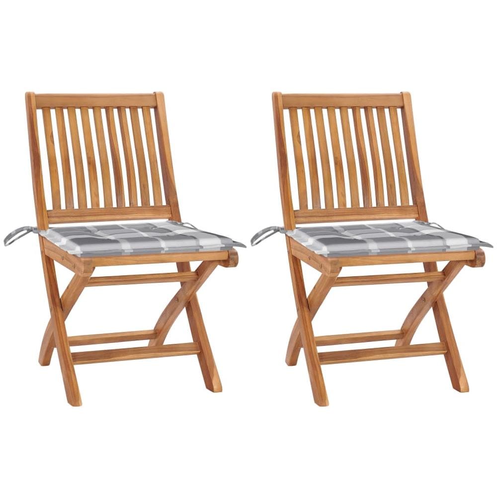 Sedie Giardino 2 pz con Cuscino Grigio a Quadri Massello di Teak - Foto 1