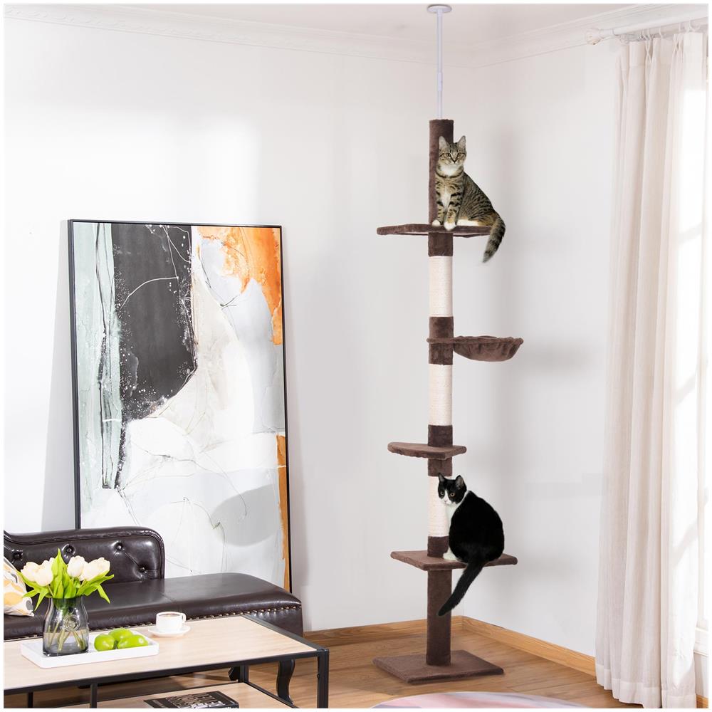 Albero Tiragraffi Multilivello a Soffitto con Amaca e Altezza Regolabile, 40x34x230-260cm, Marrone - Foto 2