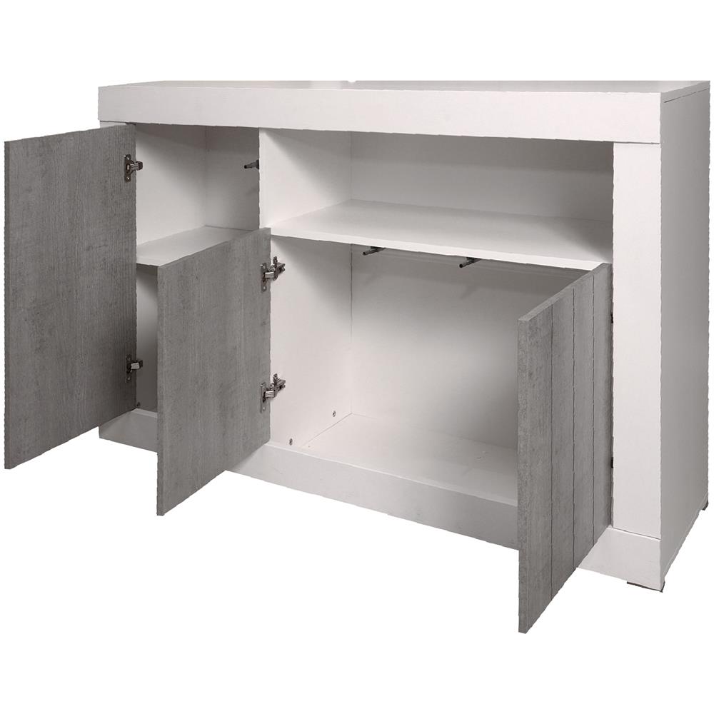 Credenza Moderna A 3 Ante, Buffet Da Cucina, Madia Con Scaffali E Ripiani, Mobile Da Soggiorno Porta Tv, Cm 138x42xh86, Colore Bianco E Cemento - Foto 4