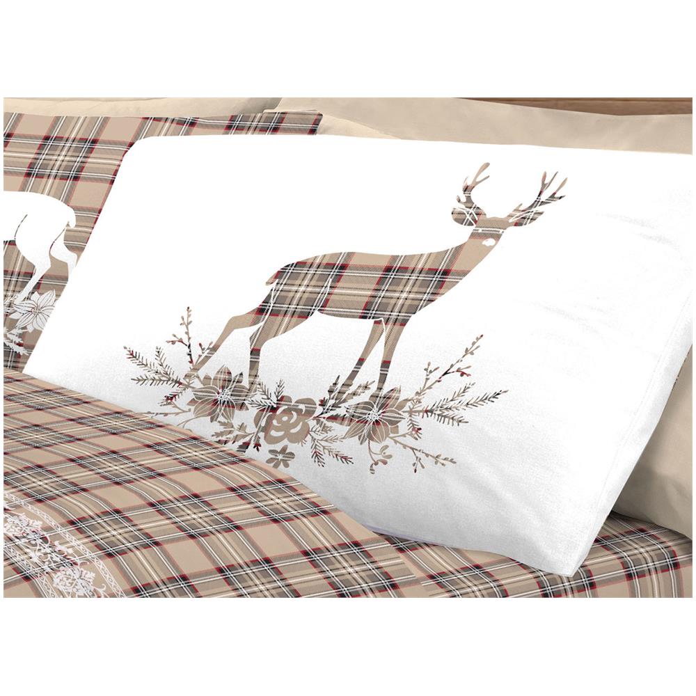 Completo Lenzuola Linea Pensieri Delicati 100% Cotone Disegno Cervo Tartan Singolo Beige - Foto 2