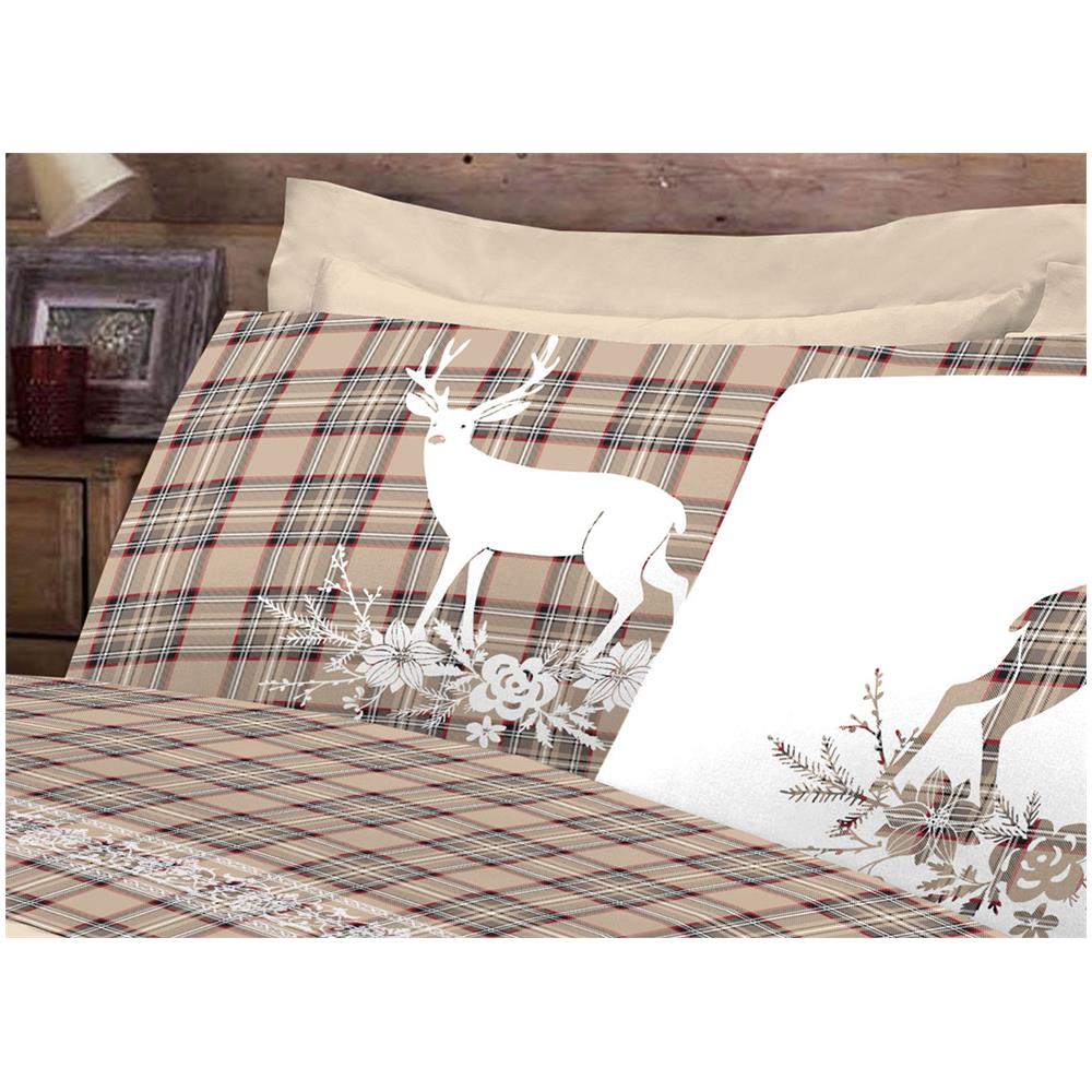 Completo Lenzuola Linea Pensieri Delicati 100% Cotone Disegno Cervo Tartan Singolo Beige - Foto 7