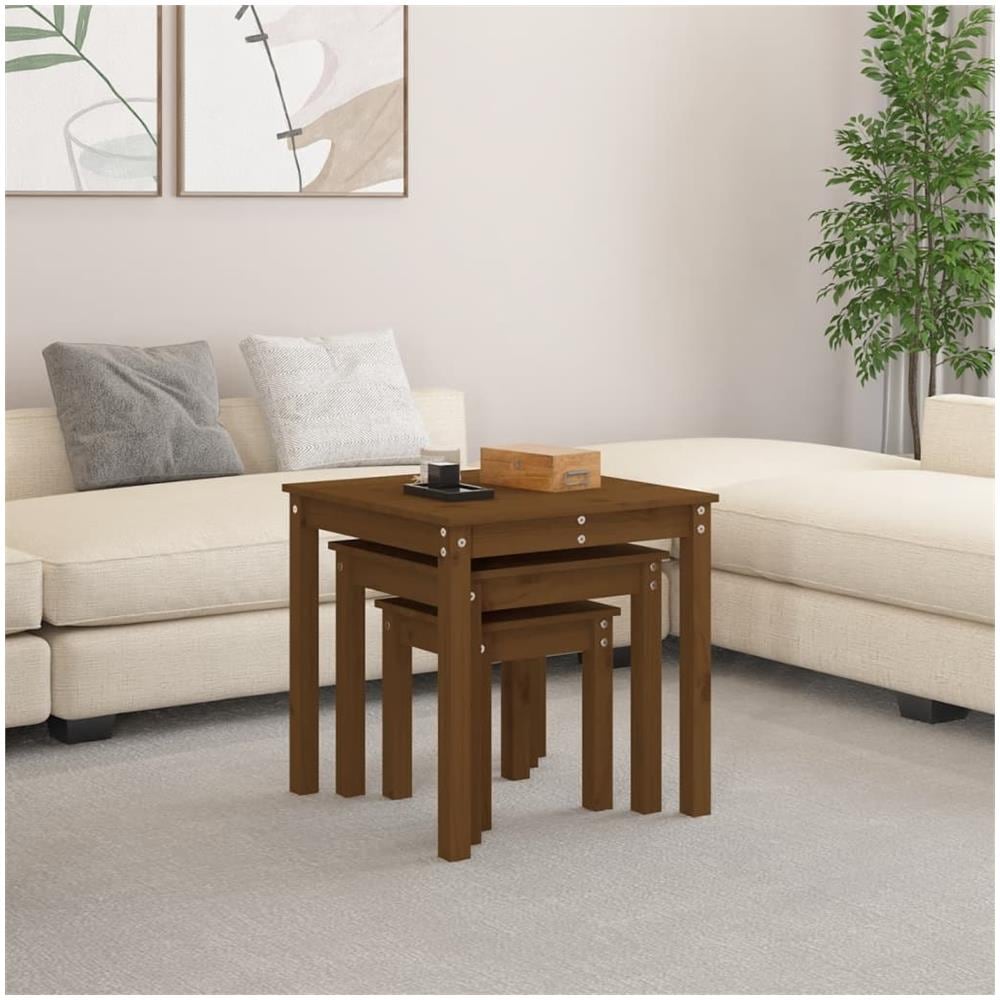 Tavolini A Incastro 3 Pz Miele In Legno Massello Di Pino - Foto 3