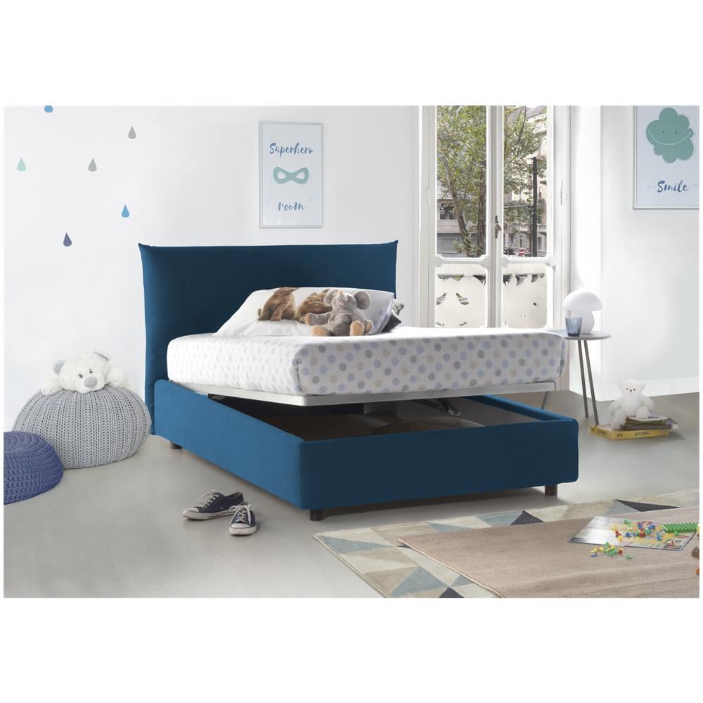 Letto Piazza E Mezza Creta, Letto Contenitore Con Rivestimento In Tessuto, 100% Made In Italy, Apertura Frontale, Con Materasso Cm 120x190 Incluso, Blu - Foto 2