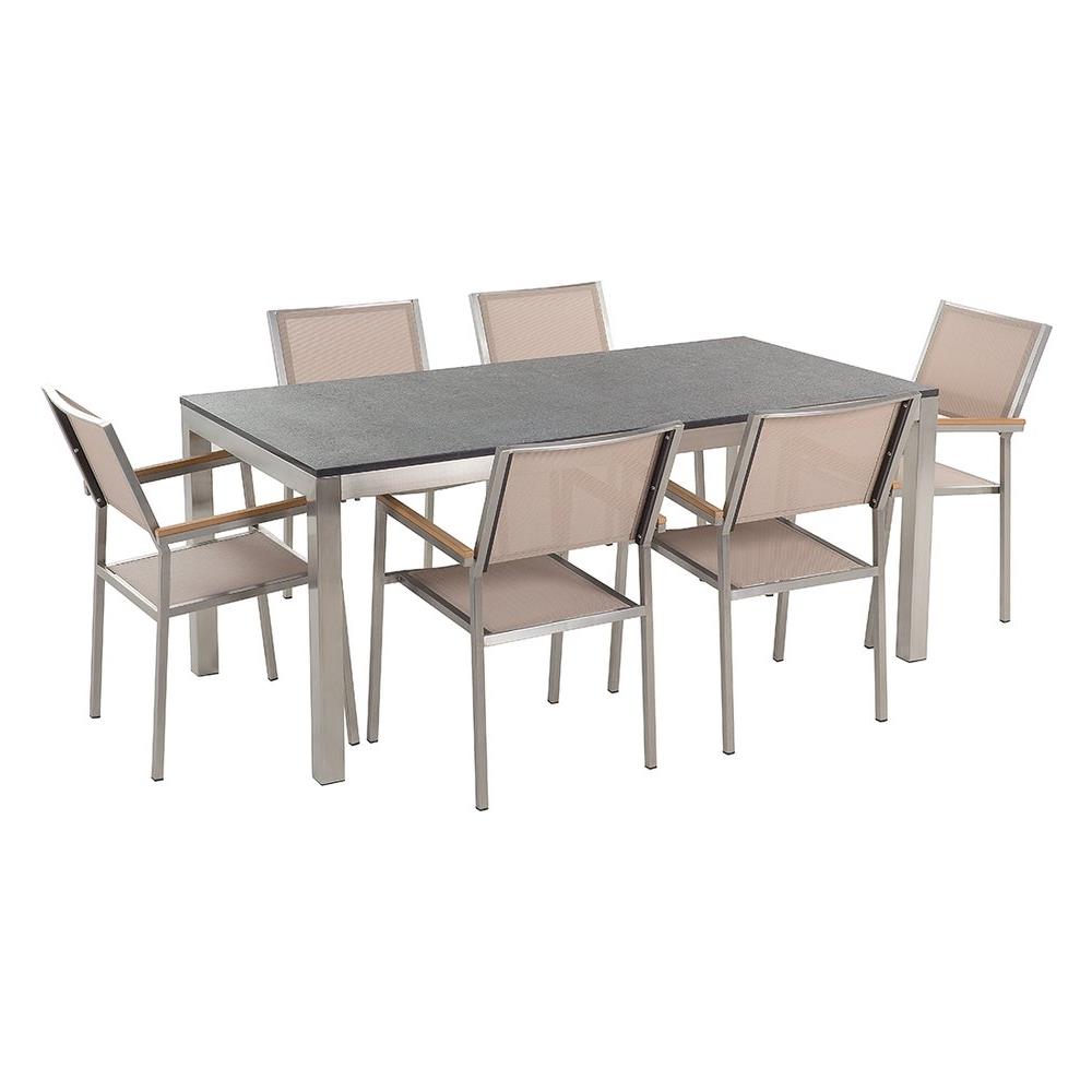 Set Di Tavolo E 6 Sedie Da Giardino In Acciaio, Granito E Fibra Tessile Beige - Piano Singolo - Nero Fiammato - 180cm - Grosseto - Foto 1