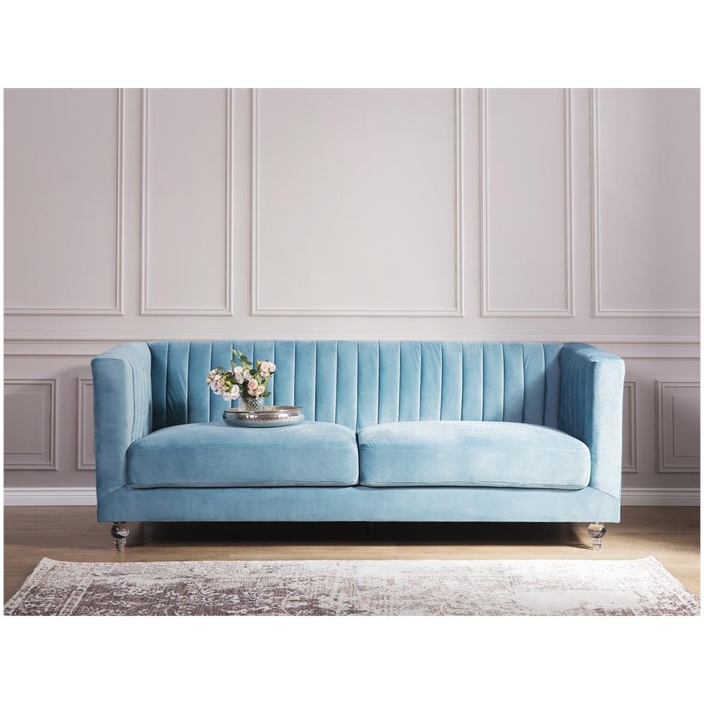 Divano 3 Posti In Tessuto Vellutato Azzurro Arvika - Foto 2