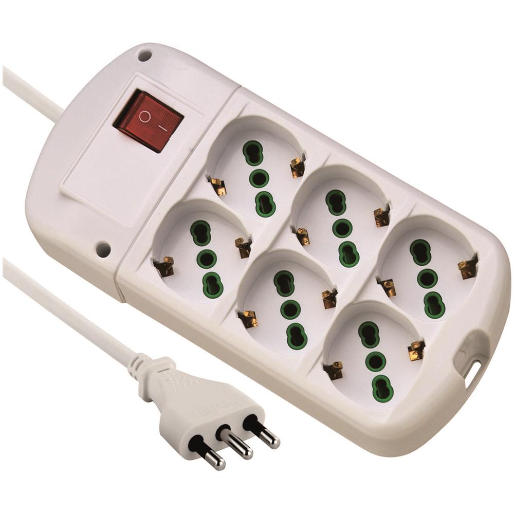 62060 Multipresa 6 Posti Polivalenti Schuko + 10/16a Con Interruttore E Cavo, Bianco, 1.5 M - Foto 1