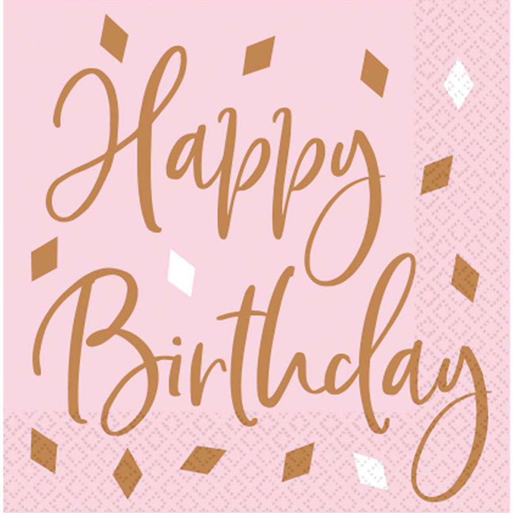 Amscan - 16 Tovaglioli Happy Birthday Rombi Bianchi E Oro Rosa - Foto 1