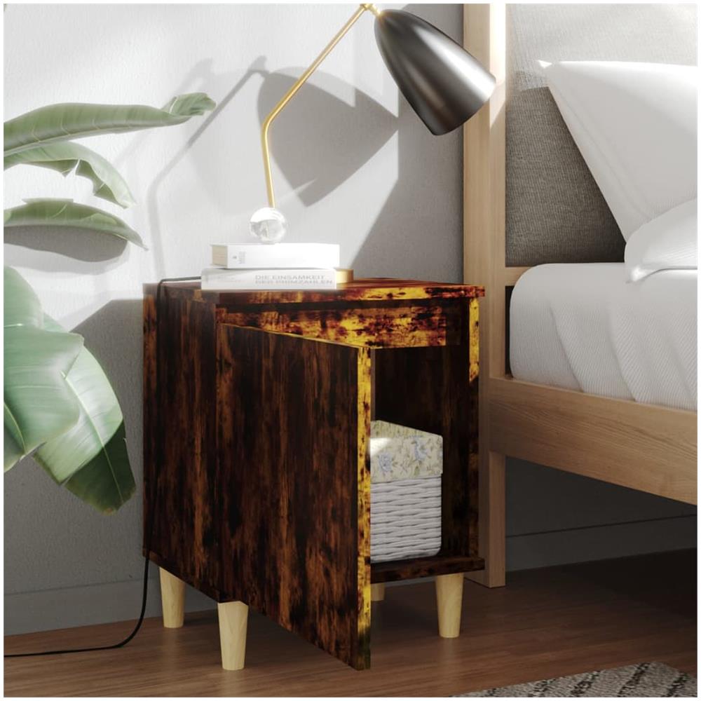 Comodino con Gambe in Legno Massello Rovere Fumo 40x35x50 cm - Foto 3