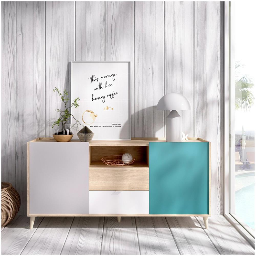 Credenza Rainier, Buffet Da Soggiorno, Madia Da Salotto Moderna A 2 Ante, 155x43h75 Cm, Bianco E Rovere - Foto 1