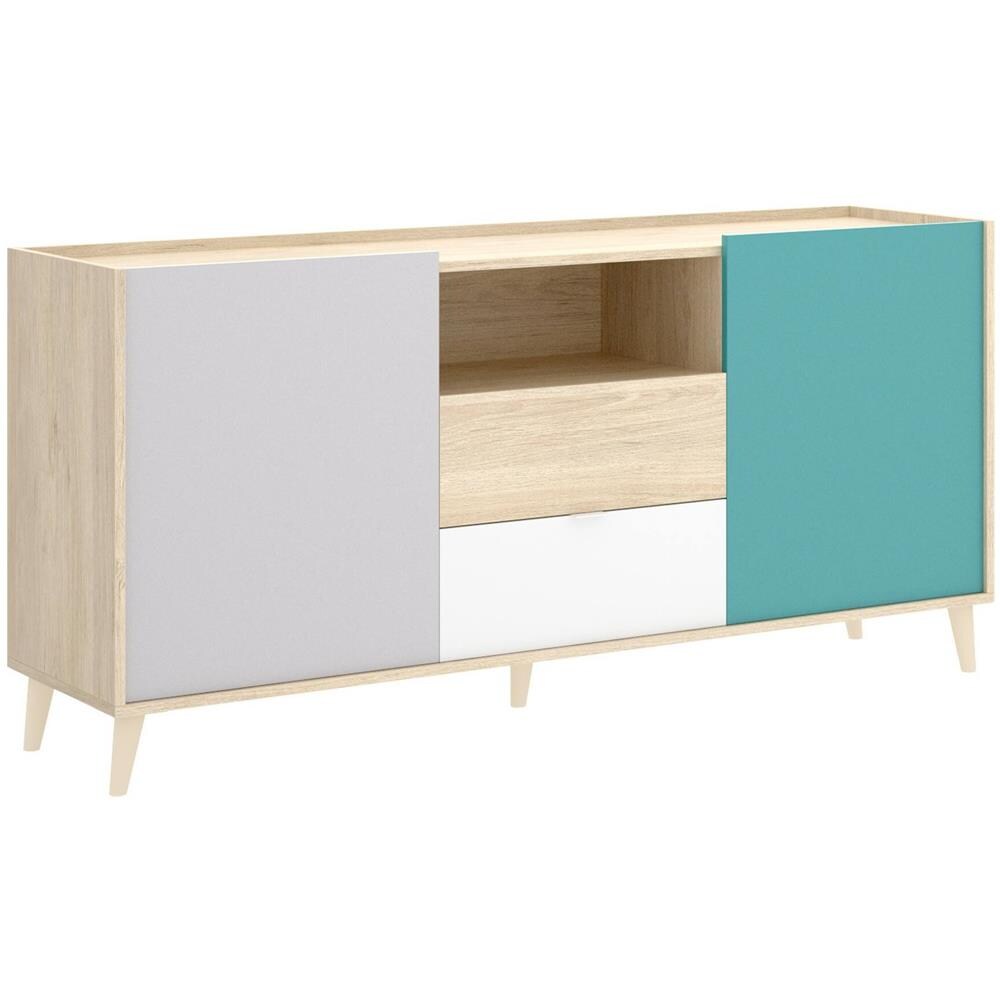 Credenza Rainier, Buffet Da Soggiorno, Madia Da Salotto Moderna A 2 Ante, 155x43h75 Cm, Bianco E Rovere - Foto 2