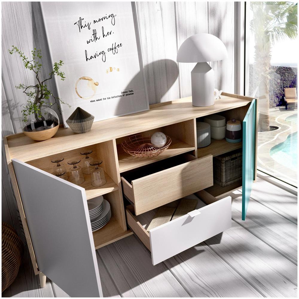 Credenza Rainier, Buffet Da Soggiorno, Madia Da Salotto Moderna A 2 Ante, 155x43h75 Cm, Bianco E Rovere - Foto 4