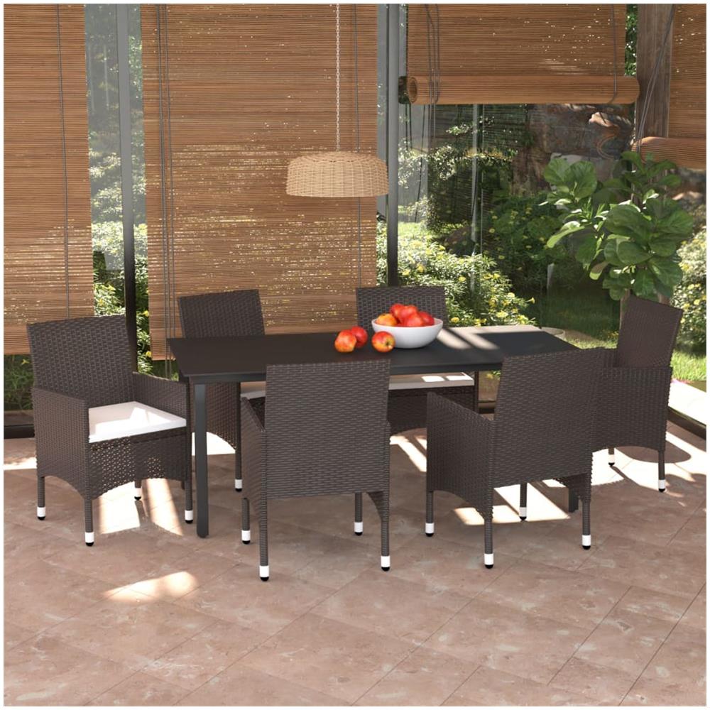 Set Da Pranzo Per Giardino 7 Pz Con Cuscini Polyrattan Marrone - Foto 1