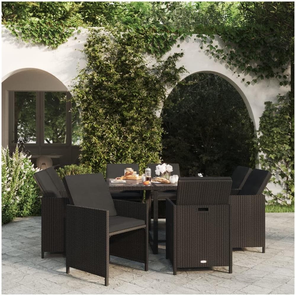 Set Da Pranzo Per Giardino 9 Pz Con Cuscini In Polyrattan Nero - Foto 1
