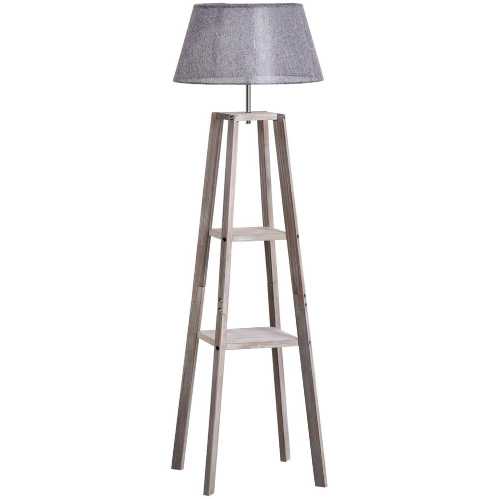 Lampada da Terra in Legno con 3 Ripiani e Paralume in Tessuto, 45x45x148cm, Grigio - Foto 1