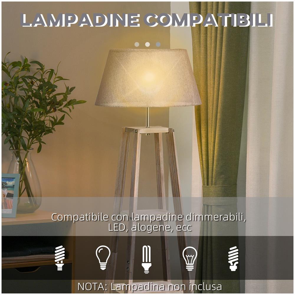 Lampada da Terra in Legno con 3 Ripiani e Paralume in Tessuto, 45x45x148cm, Grigio - Foto 6