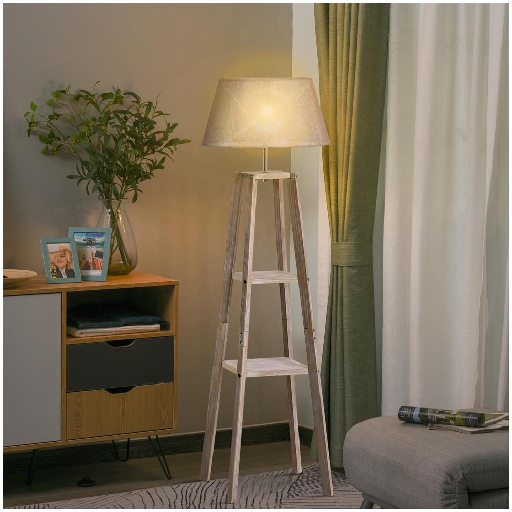 Lampada da Terra in Legno con 3 Ripiani e Paralume in Tessuto, 45x45x148cm, Grigio - Foto 2