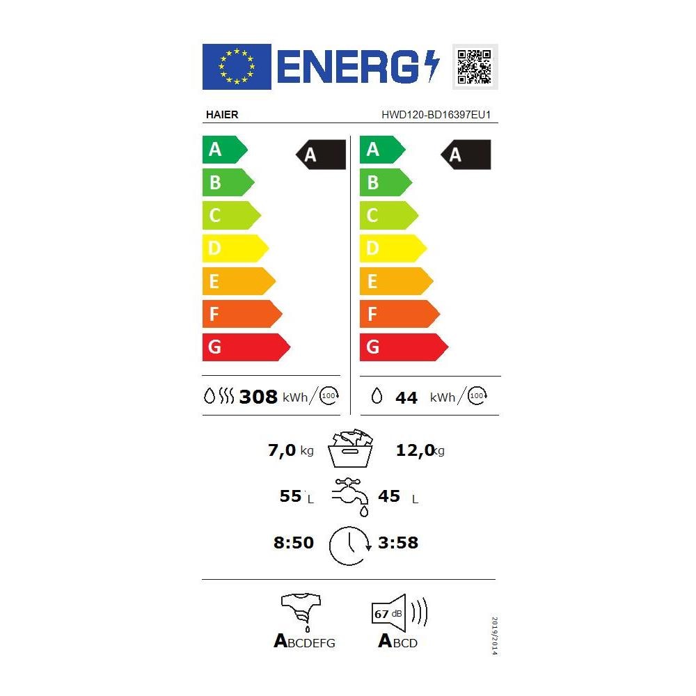 Lavasciuga 31020591 HWD120-BD16397EUS Capacità Lav /Asc 12/7 Kg Classe A Centrifuga 1600 giri - Foto 2
