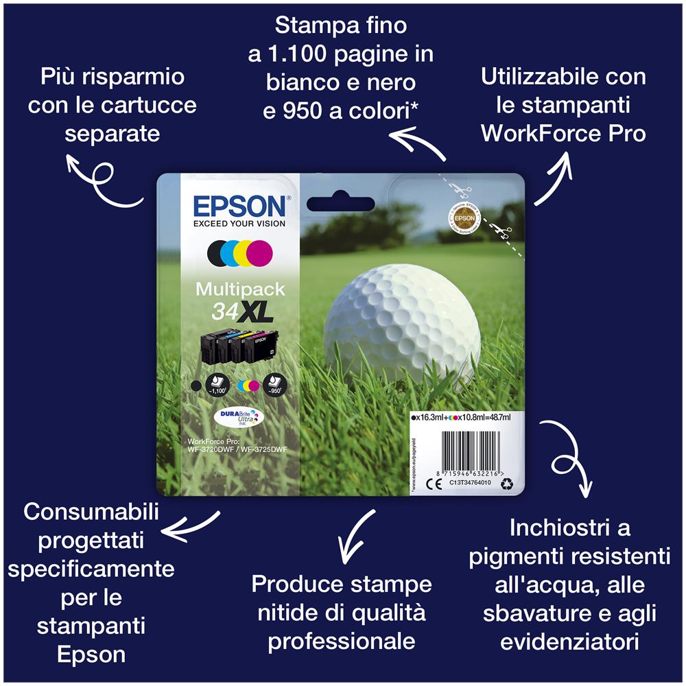 T3479 Golf ball Cartuccia Multipack Originale Nero Ciano, Magenta, Giallo - C13T34794020 - Foto 2