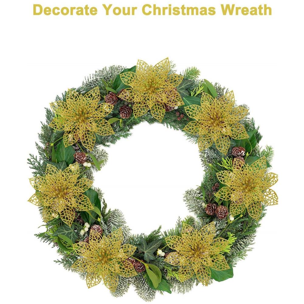Fiori Di Natale Per Decorazioni Natalizie In Plastica Oro Confezione Da 10 - Foto 2