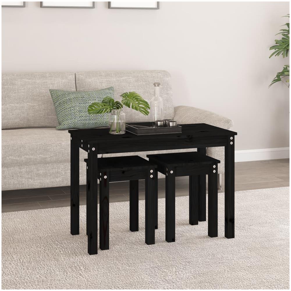 Tavolini A Incastro 3 Pz Nero In Legno Massello Di Pino - Foto 3