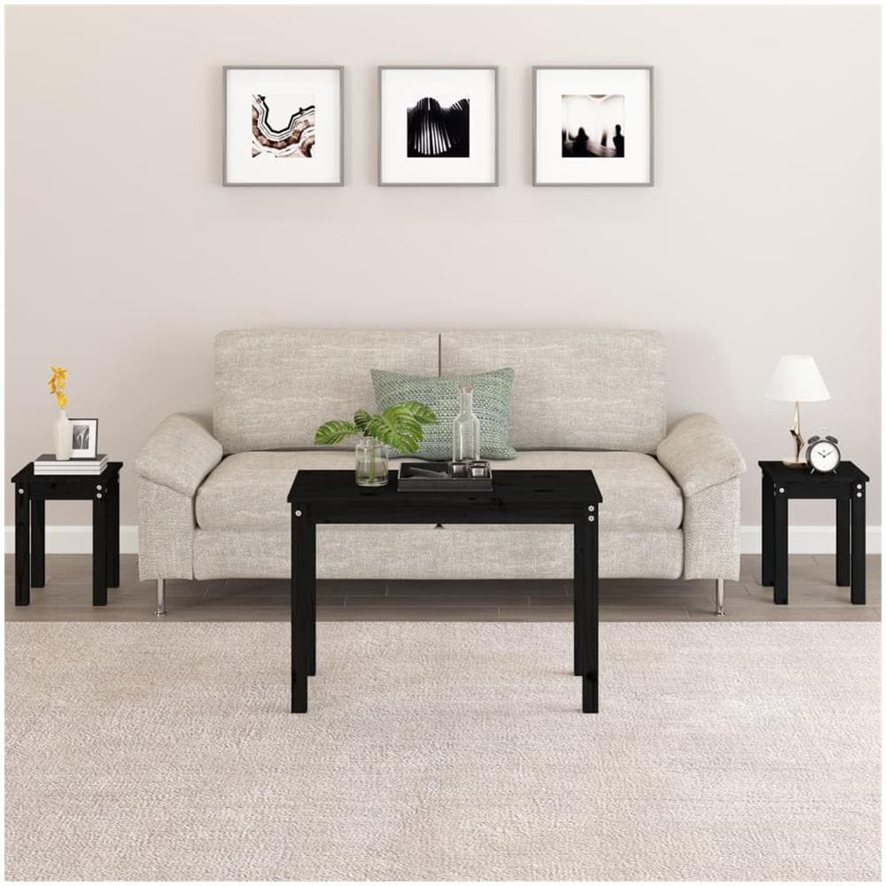 Tavolini A Incastro 3 Pz Nero In Legno Massello Di Pino - Foto 1