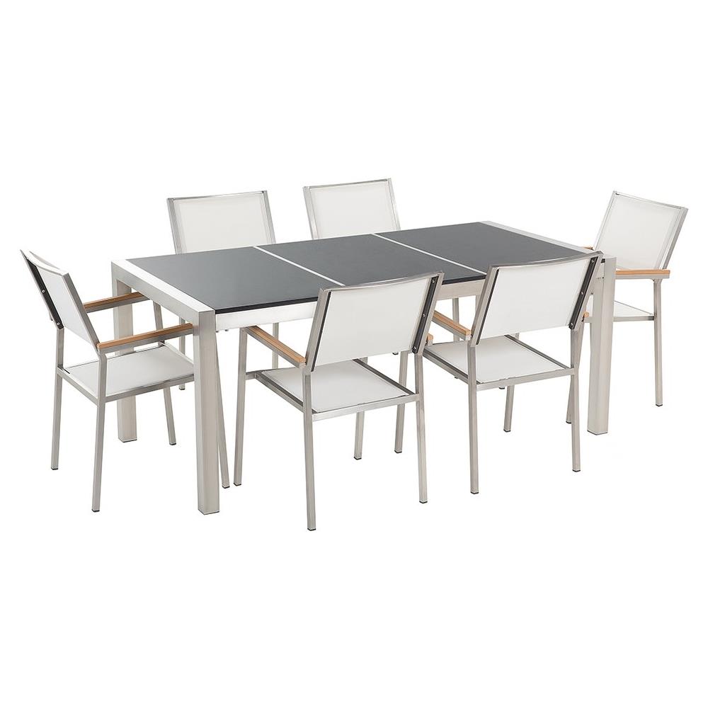 Set Di Tavolo E 6 Sedie Da Giardino In Acciaio, Basalto E Fibra Tessile Bianca - Nero Lucido - 180cm - Grosseto - Foto 1