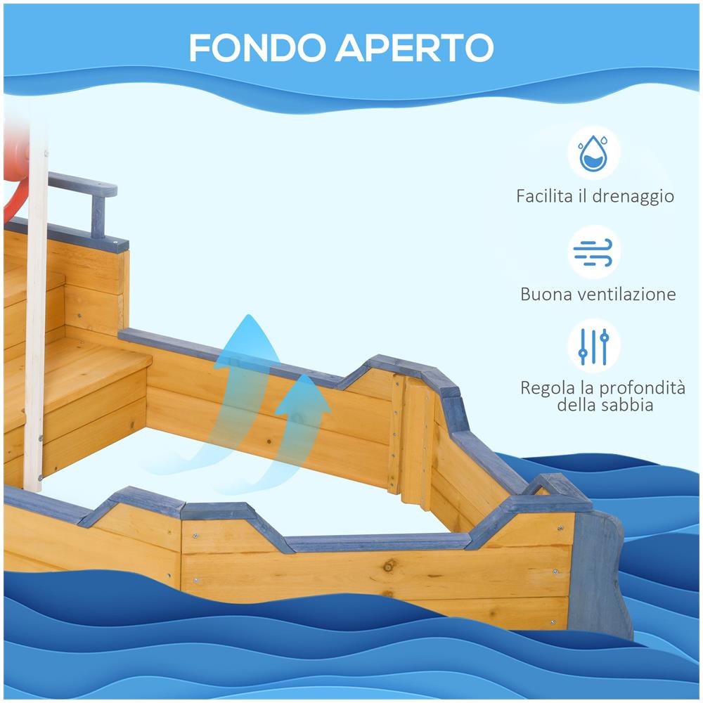 Sabbiera per Bambini in Legno a Forma di Nave dei Pirati con Vano Contenitore, 158x78x45.5 cm - Foto 6