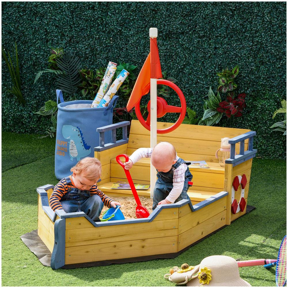 Sabbiera per Bambini in Legno a Forma di Nave dei Pirati con Vano Contenitore, 158x78x45.5 cm - Foto 2