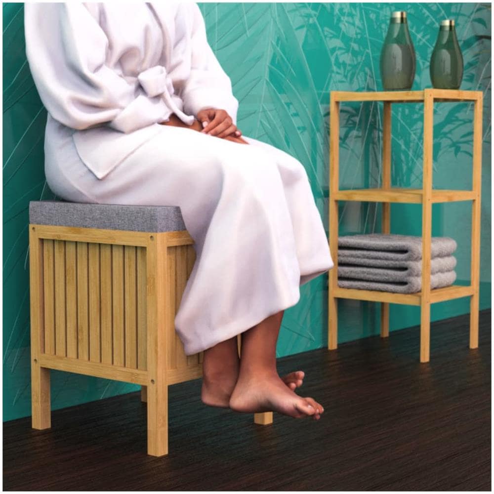 Cesto Portabiancheria con Cuscino 2 in 1 Bambù 39x39x52,5 cm - Foto 2