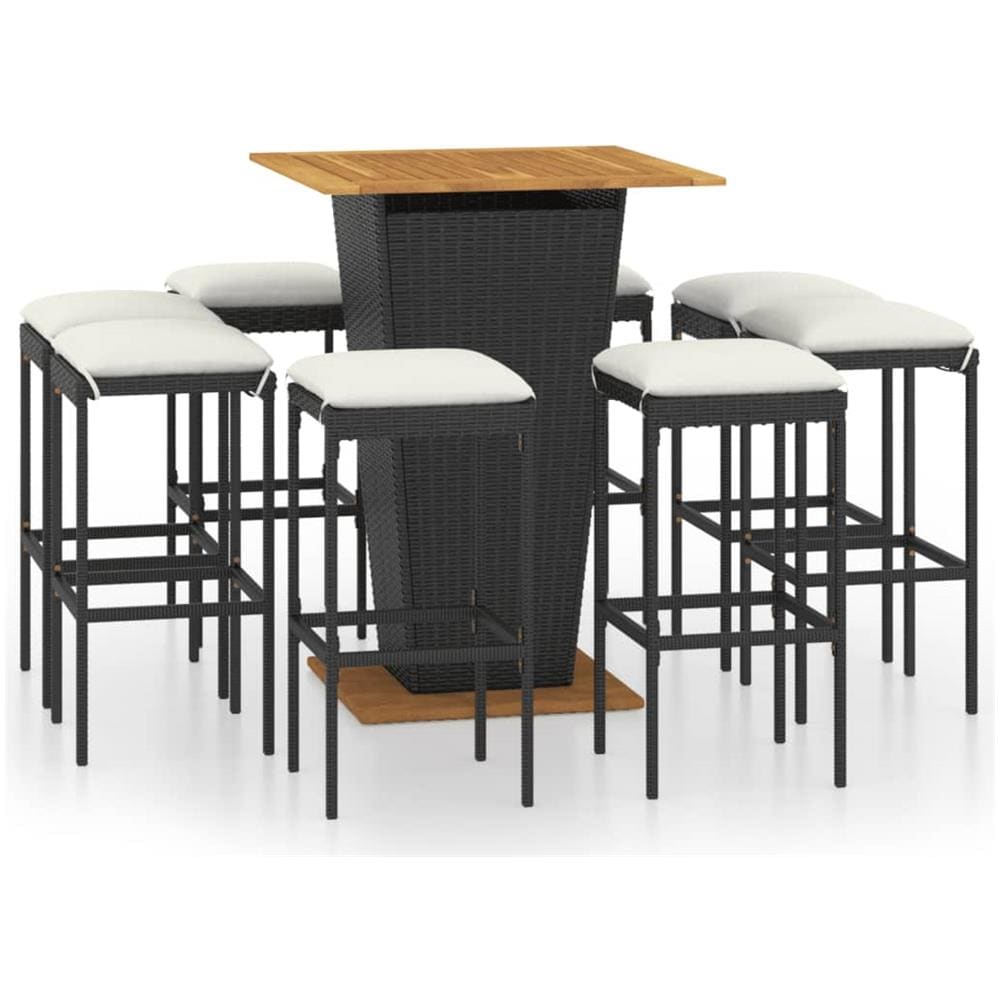 Set da Bar da Giardino 9 pz con Cuscini in Polyrattan Nero - Foto 1
