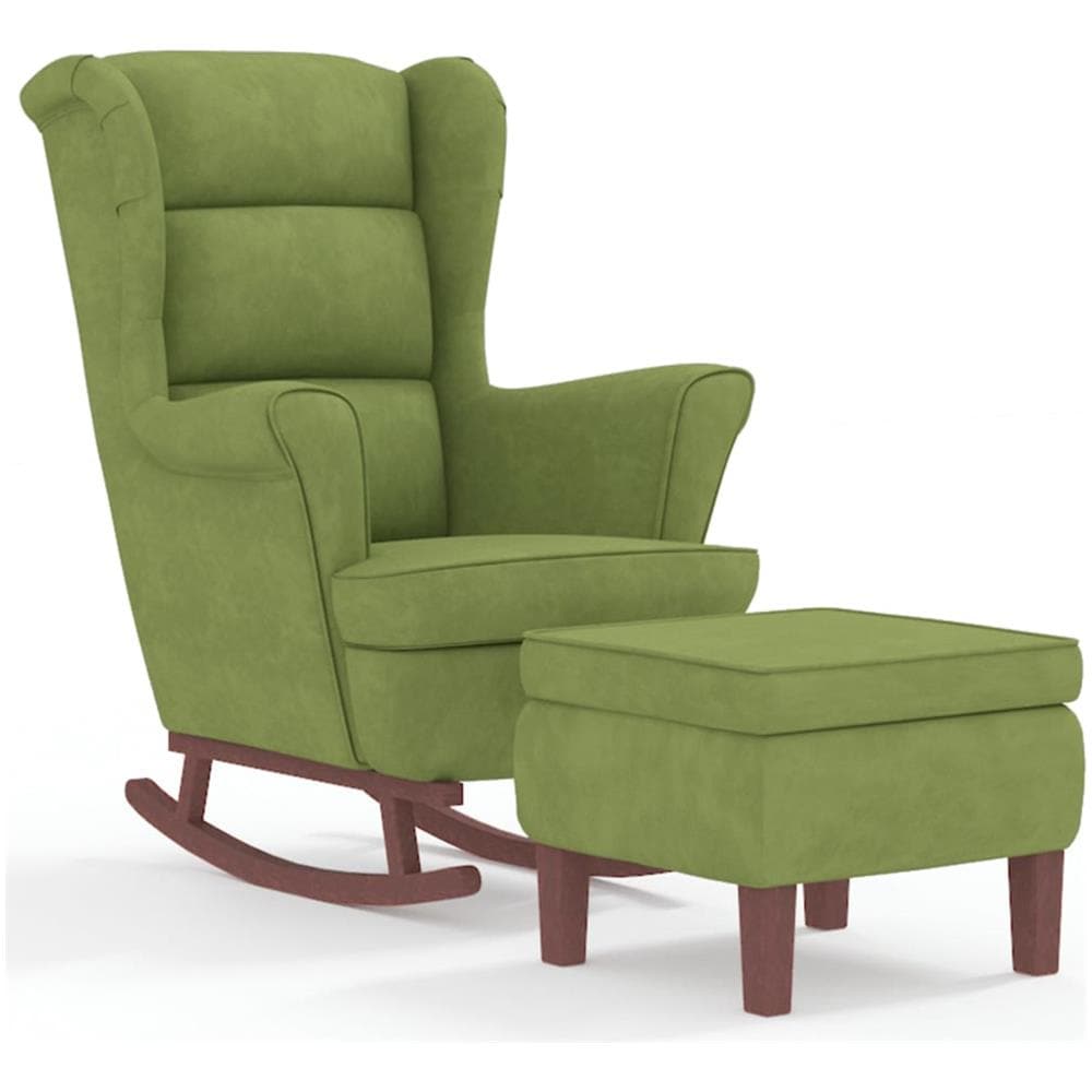Poltrona A Dondolo Gambe Legno E Sgabello Verde Chiaro Velluto - Foto 2