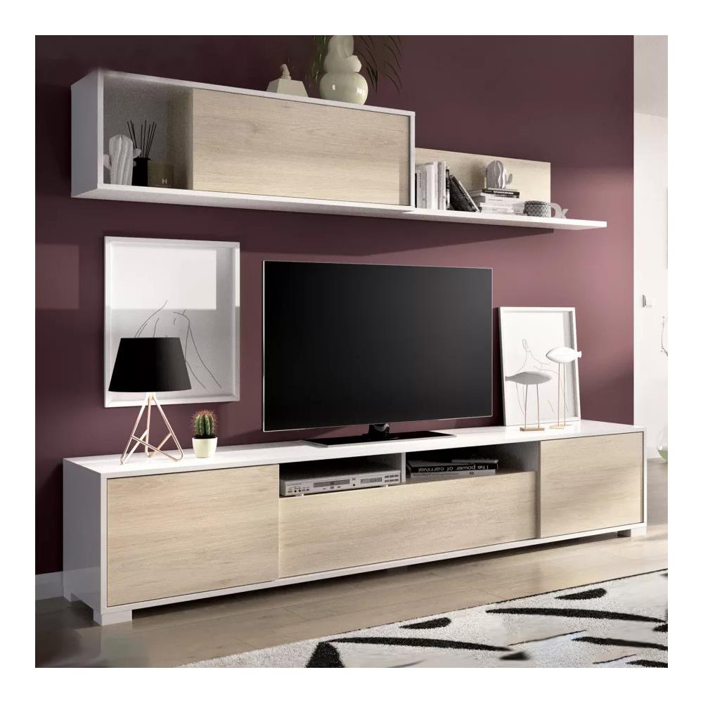 Parete Attrezzata Gruf, Set Da Soggiorno Porta Tv, Mobile Salotto Multiuso, 200x41h180 Cm, Rovere E Bianco - Foto 1
