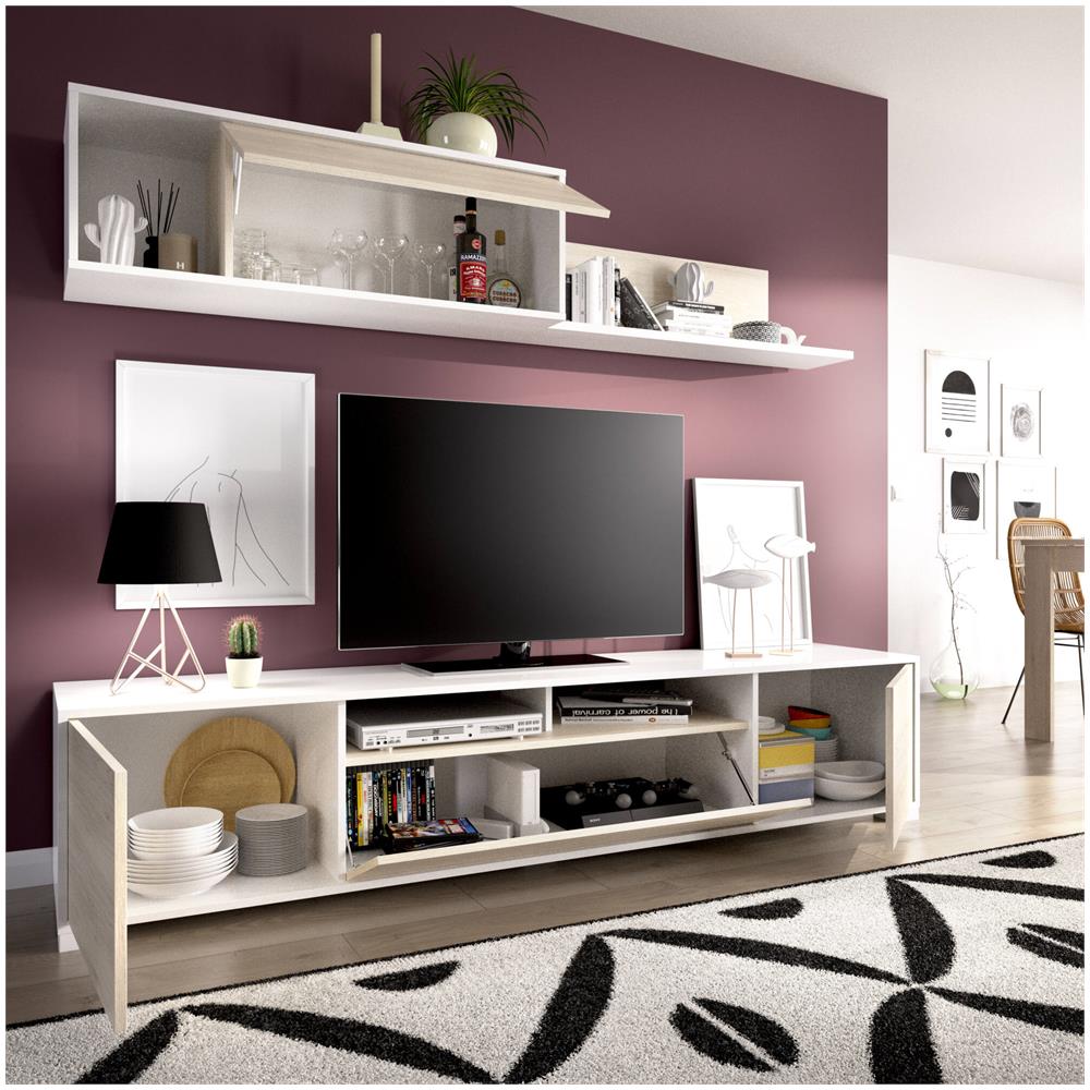 Parete Attrezzata Gruf, Set Da Soggiorno Porta Tv, Mobile Salotto Multiuso, 200x41h180 Cm, Rovere E Bianco - Foto 4