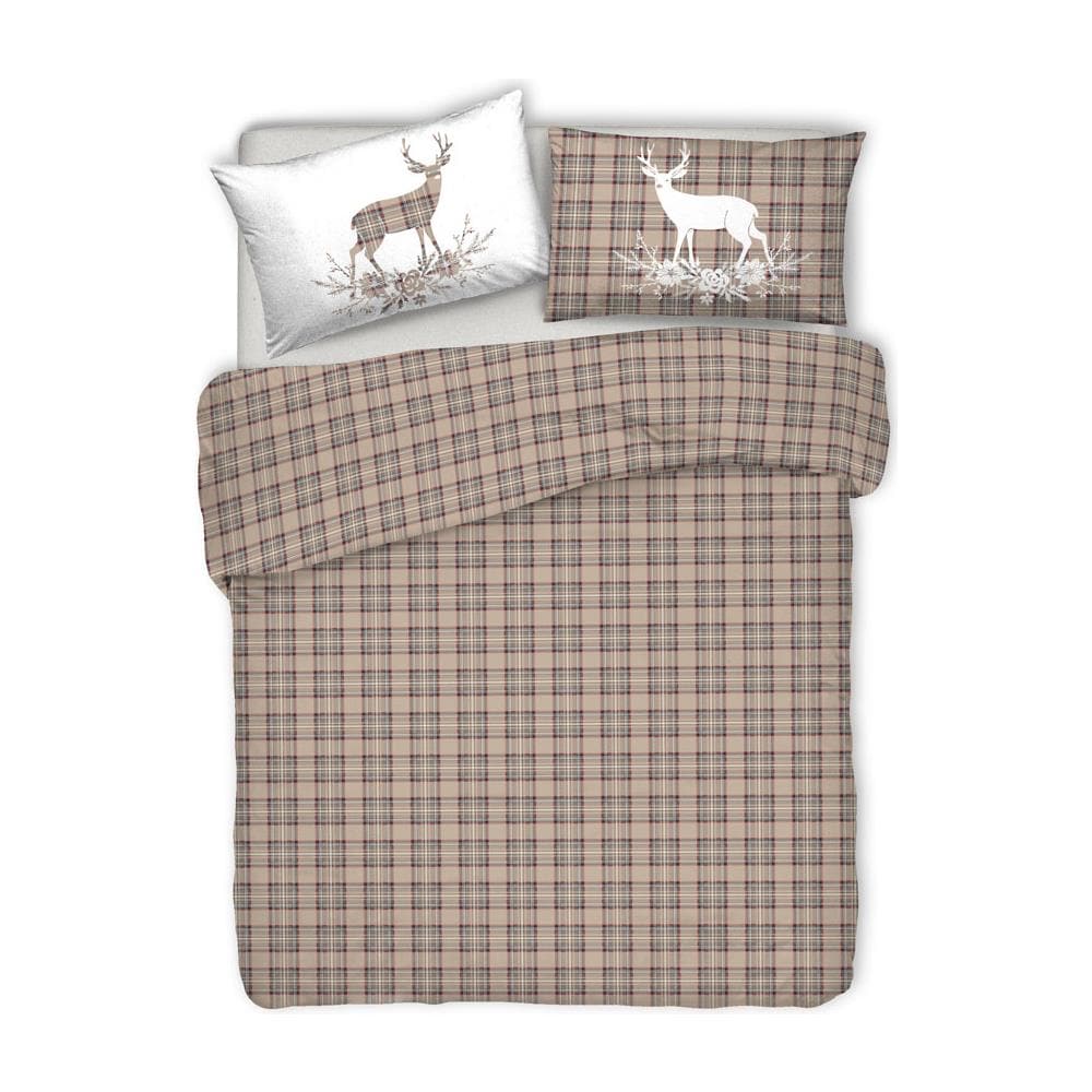 Copripiumino Sacco Piumone Pensieri Delicati 100% Cotone Dis. Cervo Tartan Matrimoniale Beige - Foto 1