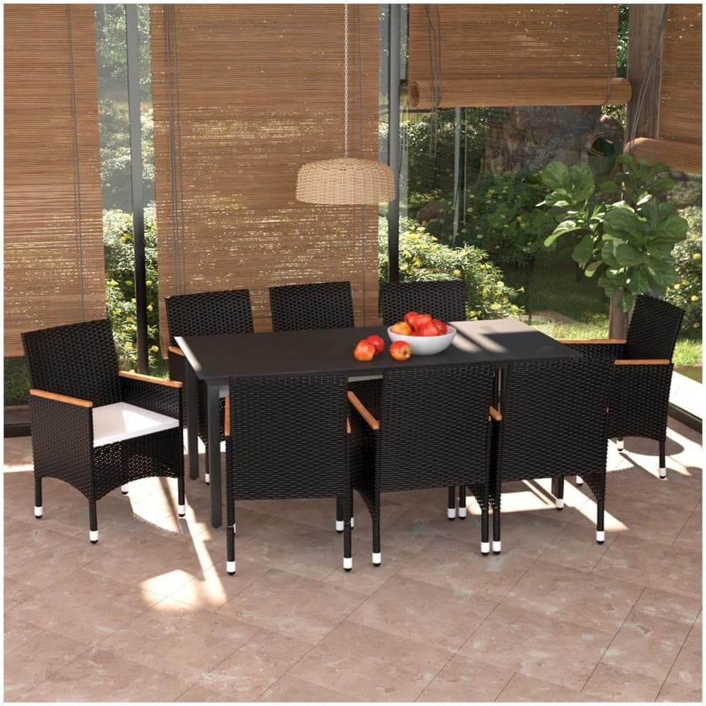 Set Pranzo Da Giardino 9 Pz Con Cuscini In Polyrattan Nero - Foto 1