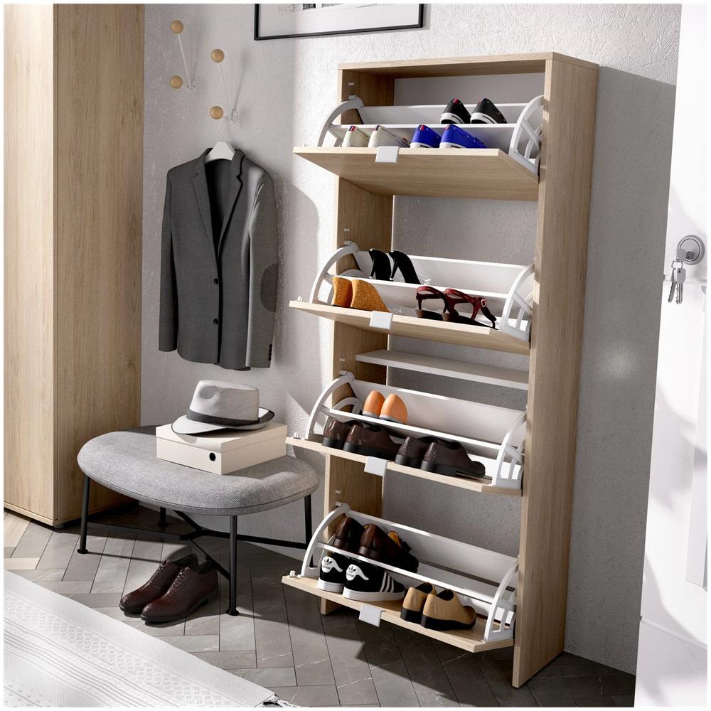 Scarpiera Vettore, Portascarpe Salvaspazio Da Ingresso, Mobiletto Porta Scarpe A 4 Ante A Ribalta, 61x25h149 Cm, Rovere - Foto 4